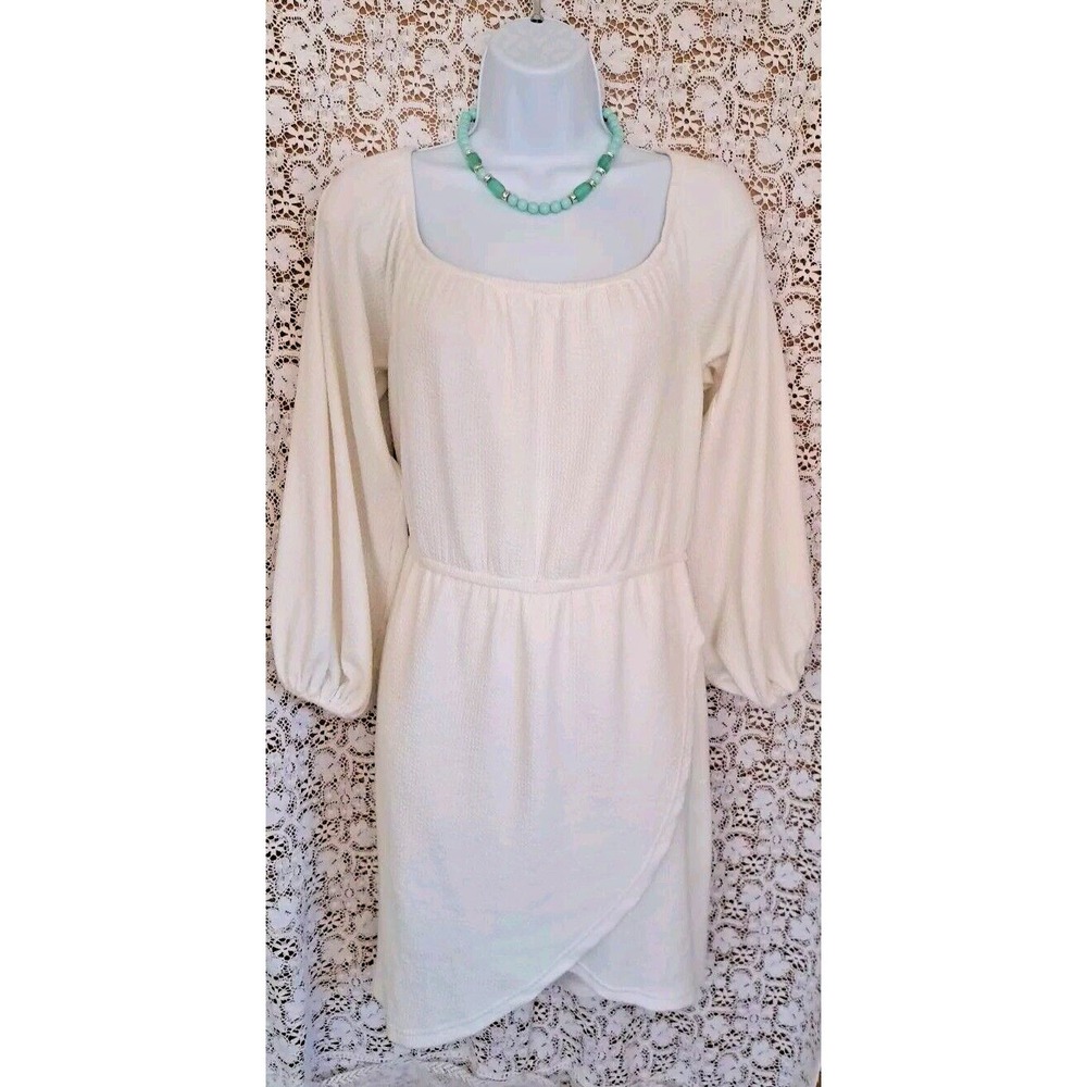 Sabo Dress Size M‎ Ivory Off The Shoulder Long Balloon Sleeves Faux Wrap Mini